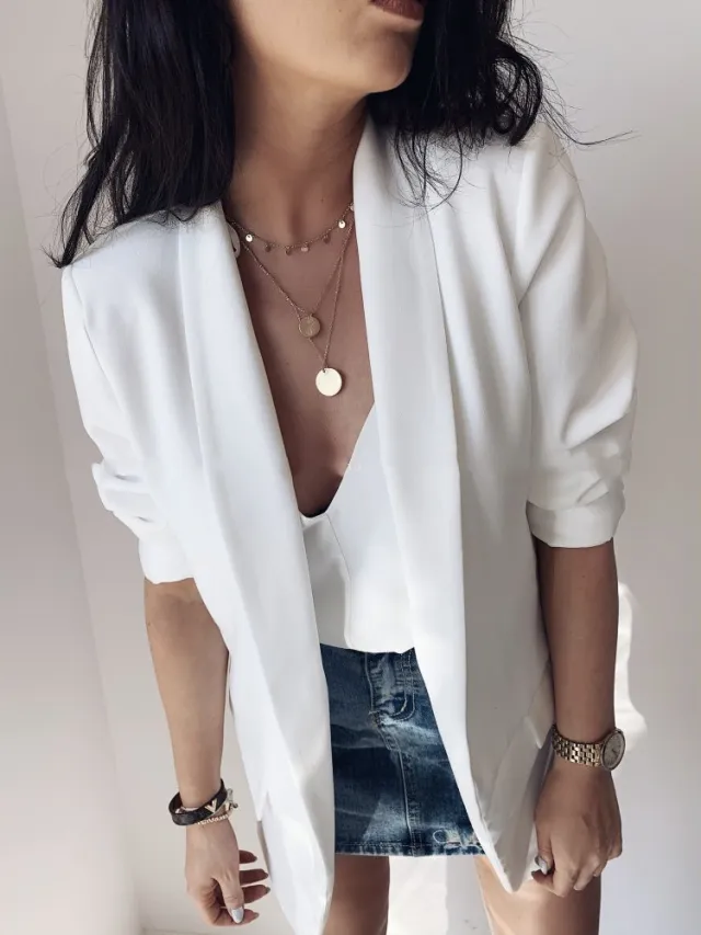 Long sleeve solid color double pocket lapel small suit White - Shop at LoveMi