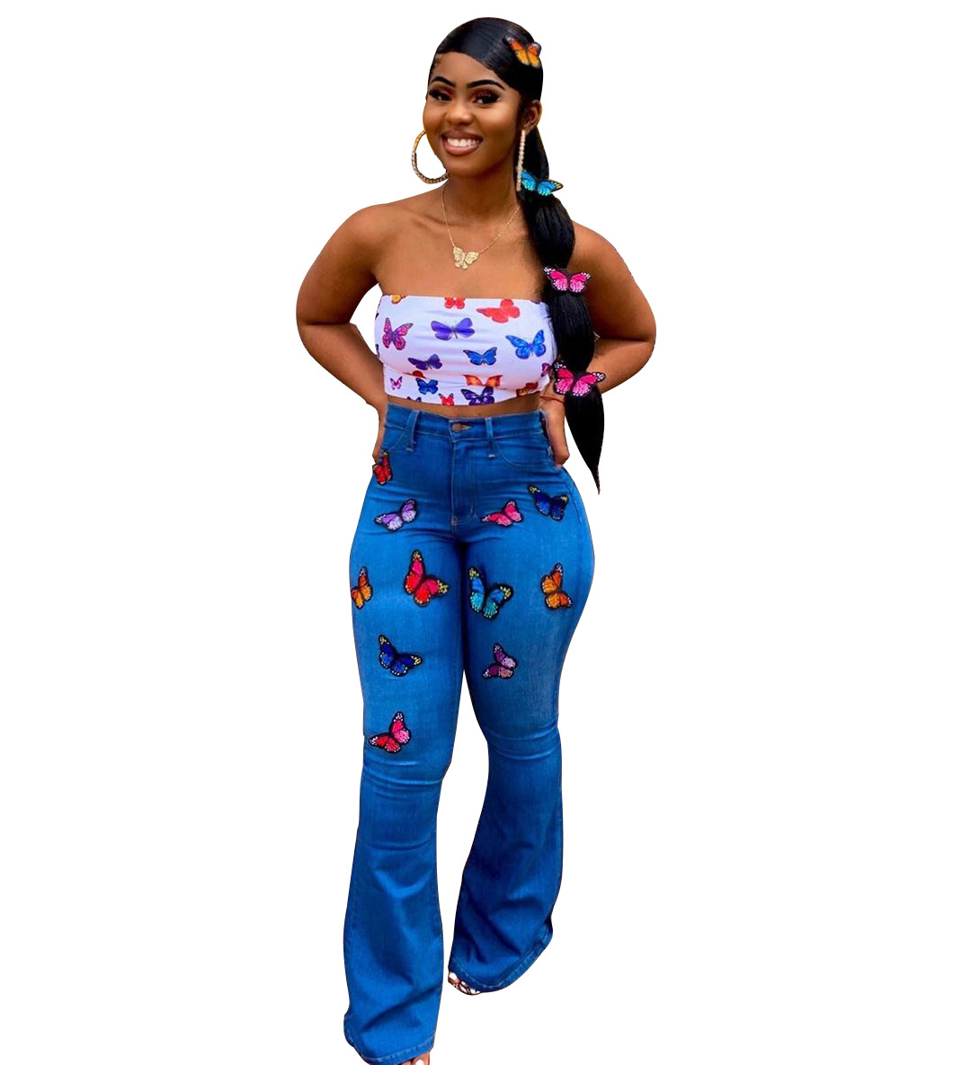 Butterfly embroidered rhinestone flared jeans Blue - Shop at LoveMi