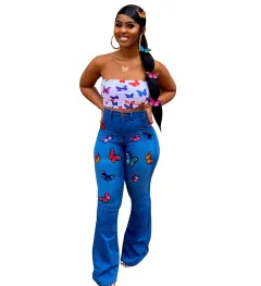 Butterfly embroidered rhinestone flared jeans - Blue - View 1