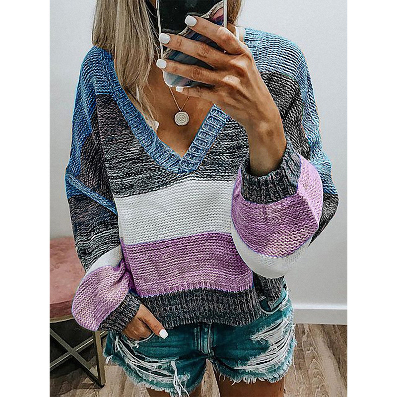 V-neck multi-color stitching striped knitted sweater