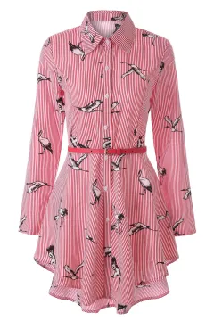 Long sleeve women's striped shirt - Red Printed Bird - View 1