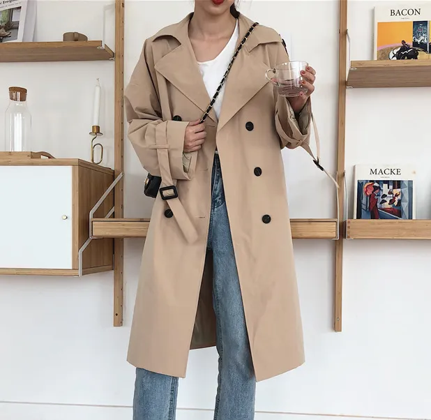 Korean lapel double breasted casual trench coat Khaki - Shop at LoveMi