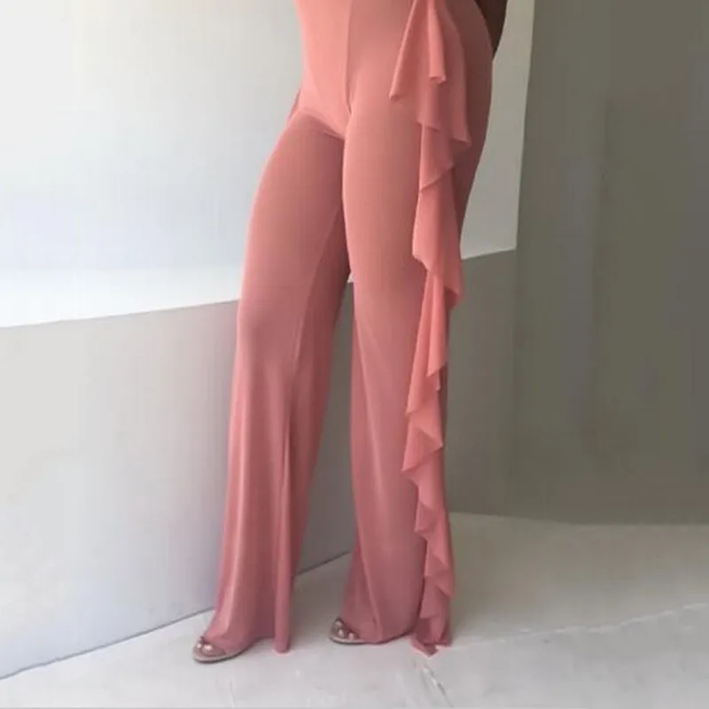 Mesh Ruffled Wide Leg Pants - Pink