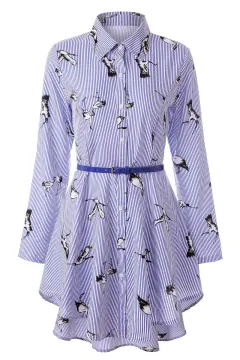 Long sleeve women's striped shirt - Blue Printed Bird - View 1