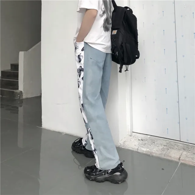 Harajuku style retro jeans butterfly casual pants Blue - Shop at LoveMi