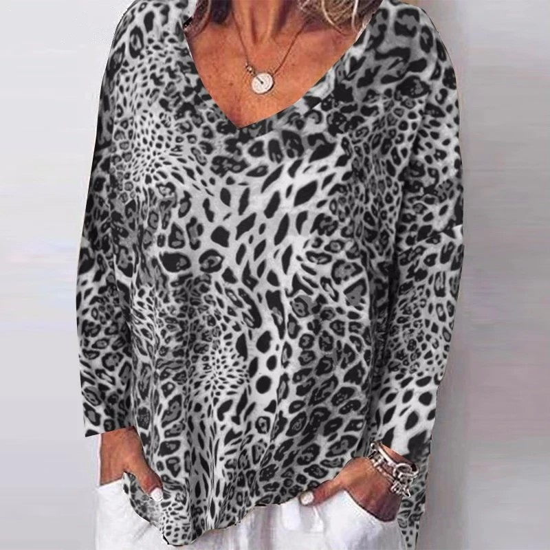 Leopard Print Casual V-Neck Top Long Sleeve Blouse