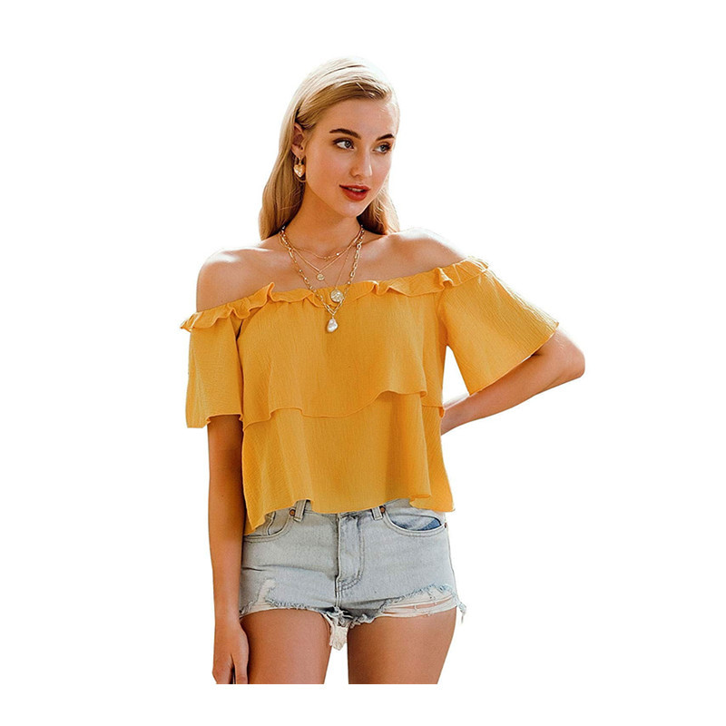 Summer off-the-shoulder pleated top strapless short sleeve shirt