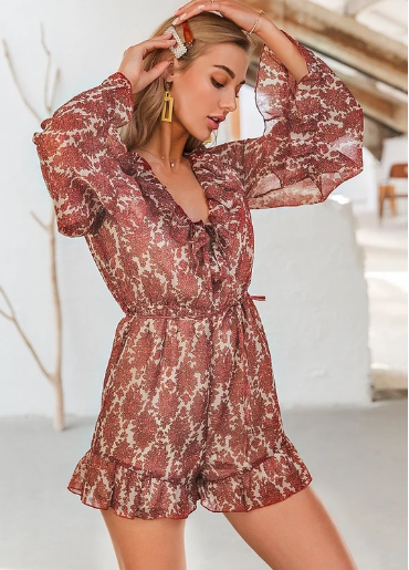 Ruffled printed long-sleeved V-neck short jumpsuit women loose
