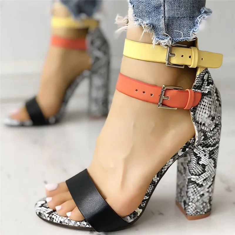 Thick-heeled high-heeled colorblock sandals - Snake Pattern-36
