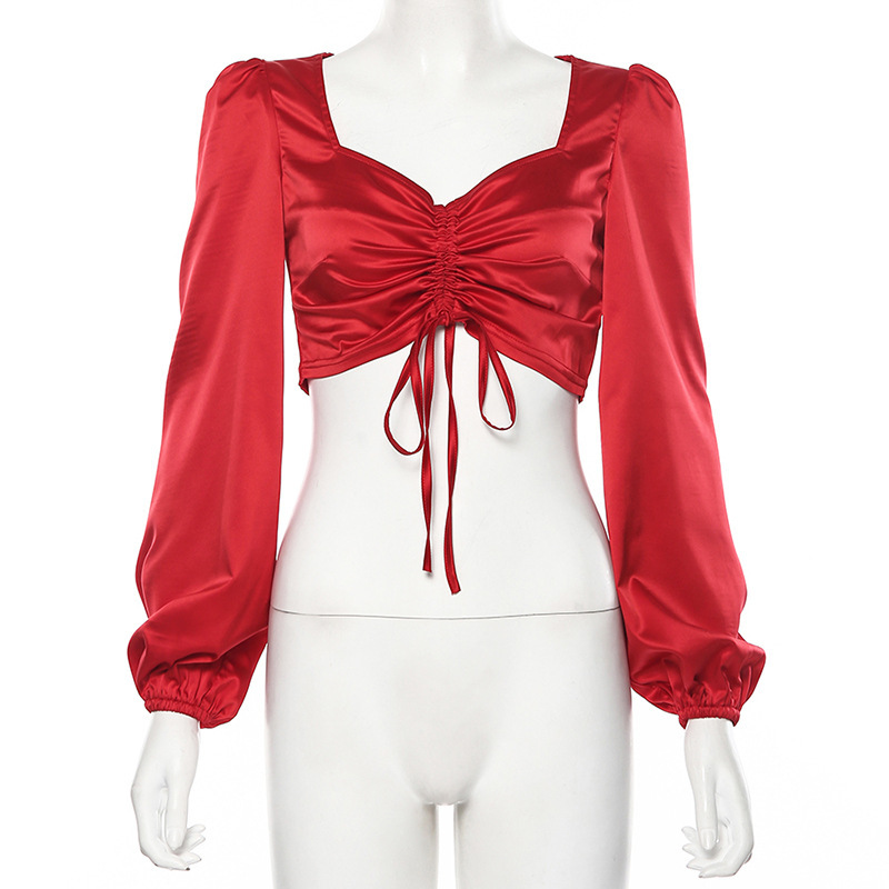 Long-sleeved V-neck drawstring