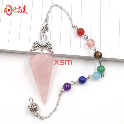 Natural Stone Crystal Faceted Wicca Pendulum Pyramid Healing Reiki Chakra Dowsing Pendant Couple Necklace - Pink