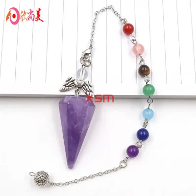 Natural Stone Crystal Faceted Wicca Pendulum Pyramid Healing Reiki Chakra Dowsing Pendant Couple Necklace - Purple