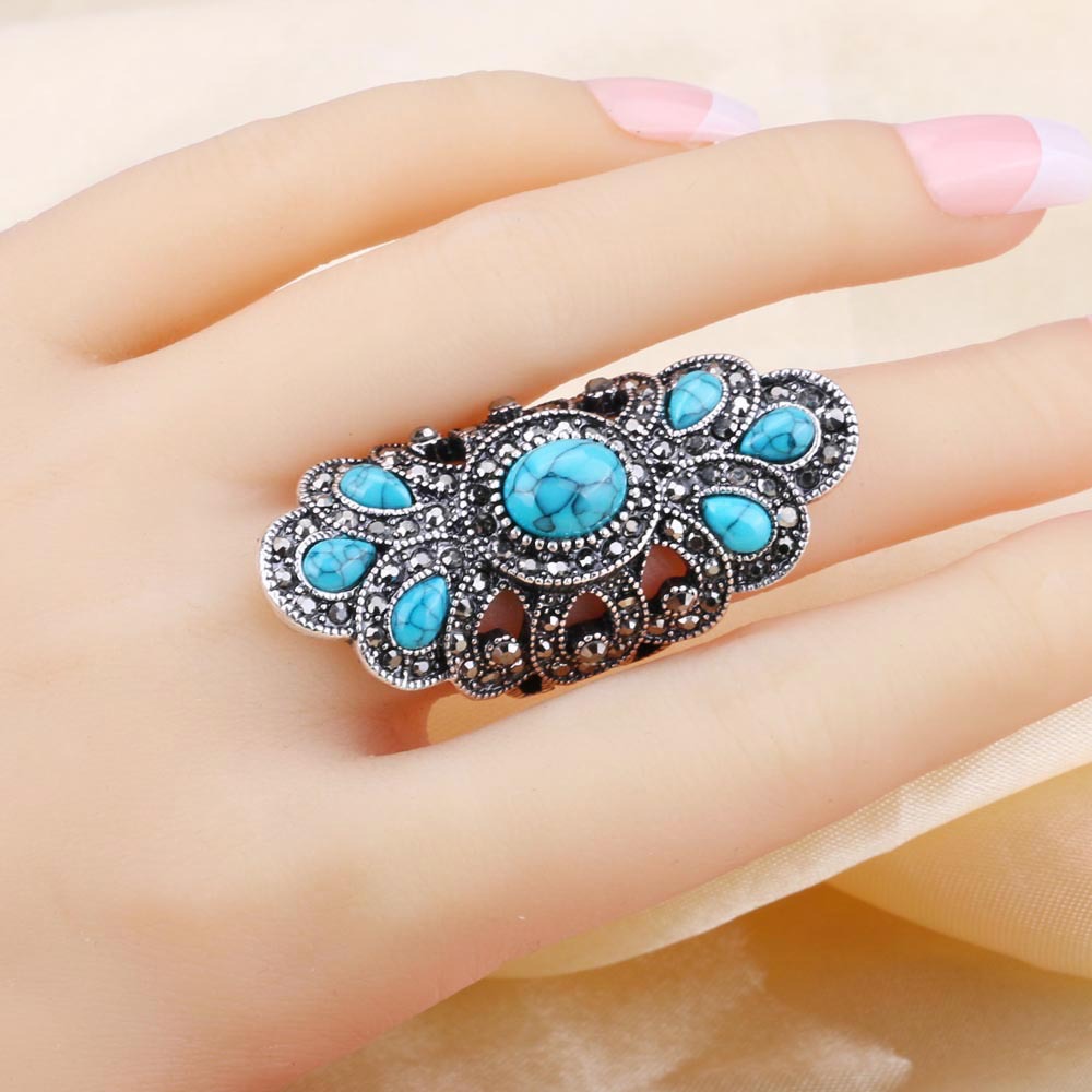 European and American vintage blue turquoise ring