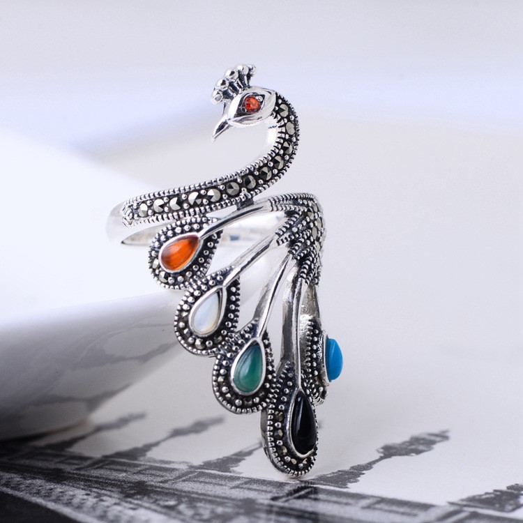 Multicolored stone peacock female silver ring