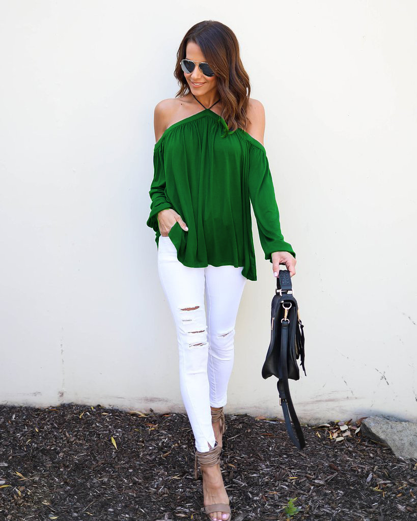 Autumn women's solid color halter strapless long-sleeved T-shirt