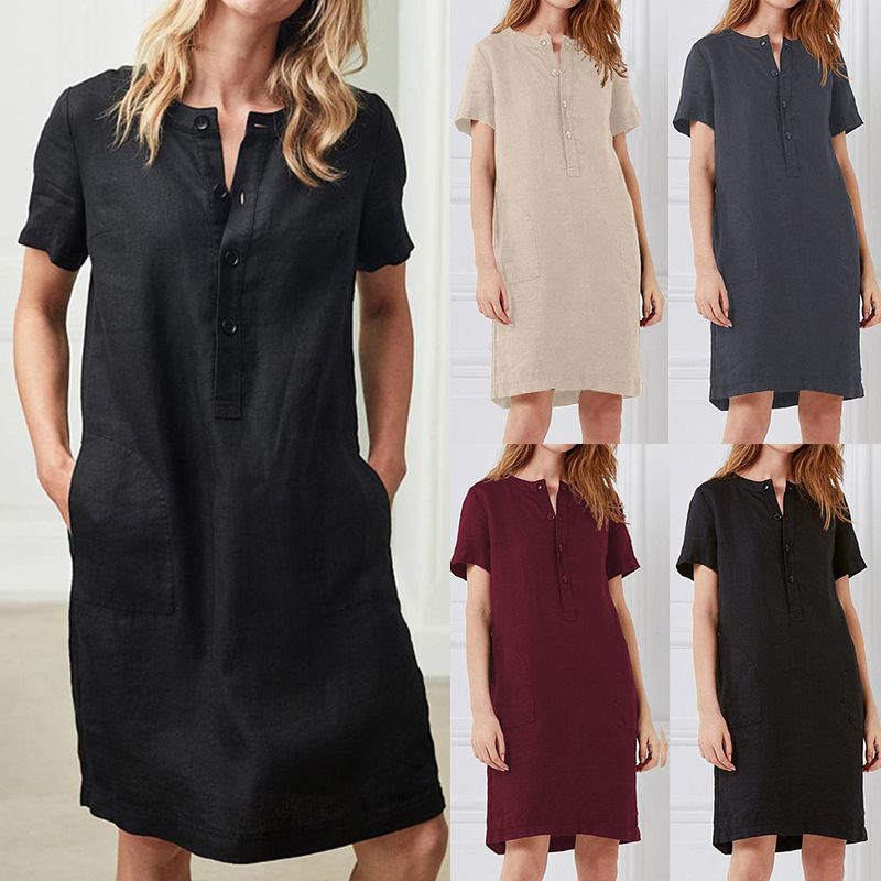 Cotton and linen loose short-sleeved mid-length female dress