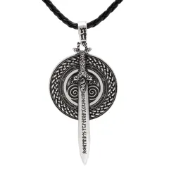 Sword Shield Men's Pendant Necklace - Ancient Silver - View 1