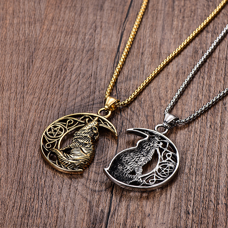 Wolf On The Moon Pendant Necklace In Stainless Steel