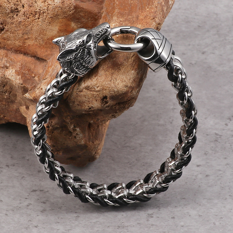 Titanium Wolf Head Men's Bracelet