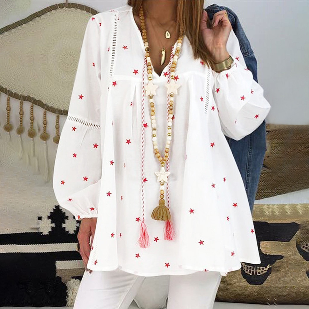 Women's long sleeve shirt lace stitching hollow printed shirt