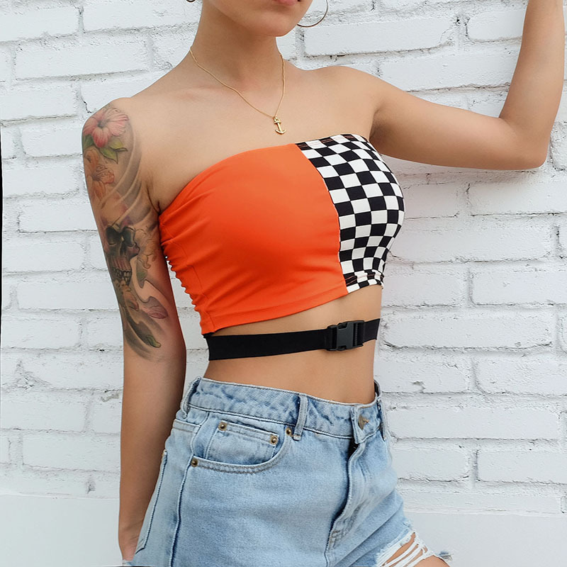 Plaid stitching tube top
