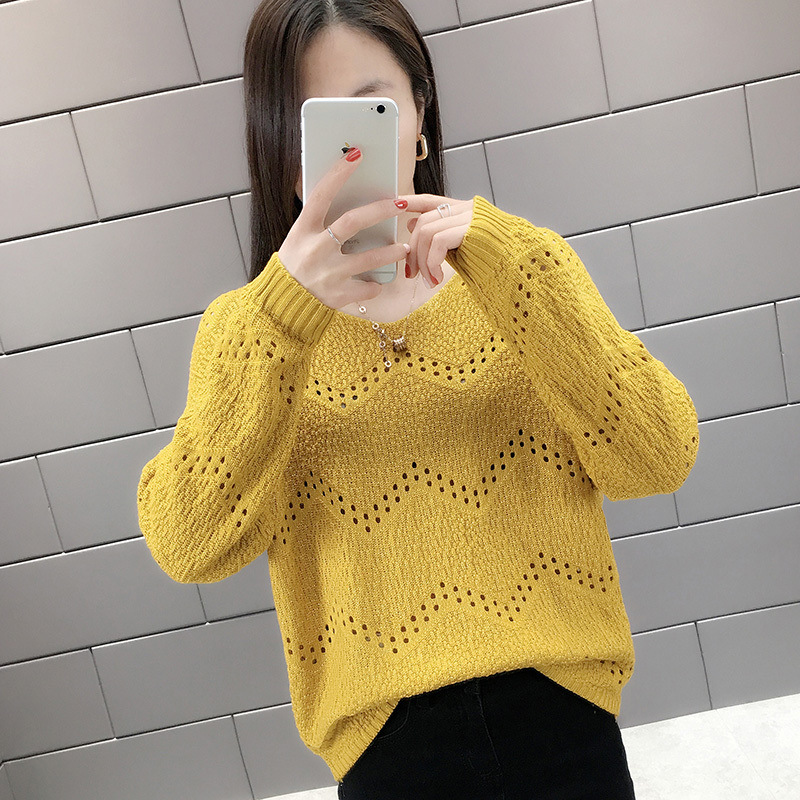 Top V-neck sweater women spring women's foreign style hollow knit sweater