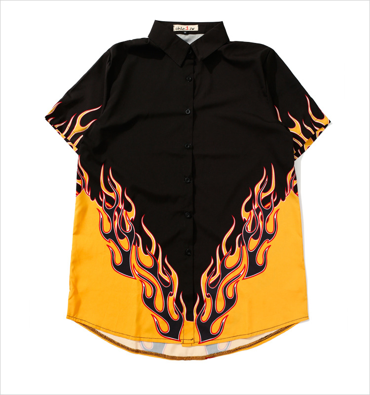 Harajuku style flame short sleeve shirt