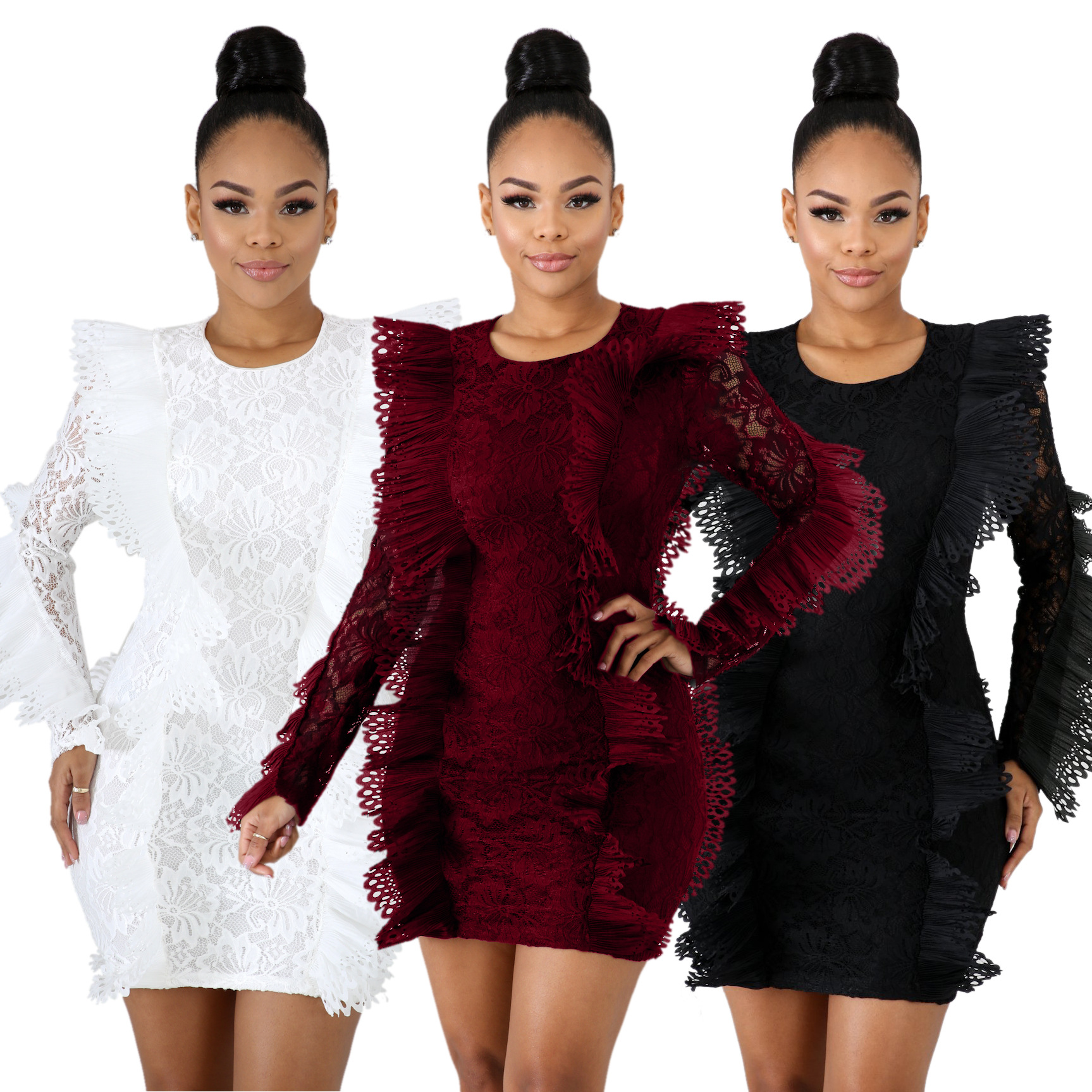 Lace perspective ruffled bag hip dress