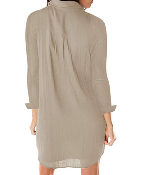 Solid color pocket loose casual long sleeve shirt dress
