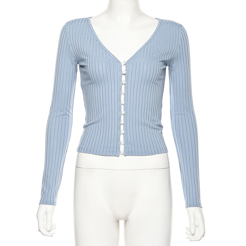 Long-sleeved deep V chest chest button buckle cardigan slim T-shirt