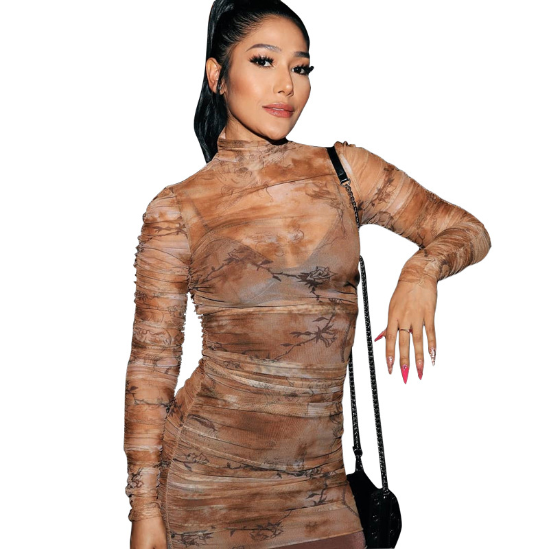 Sexy slim dress with mesh print