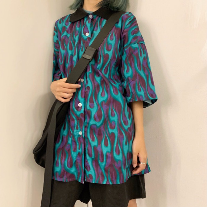 Flame print loose casual short sleeve
