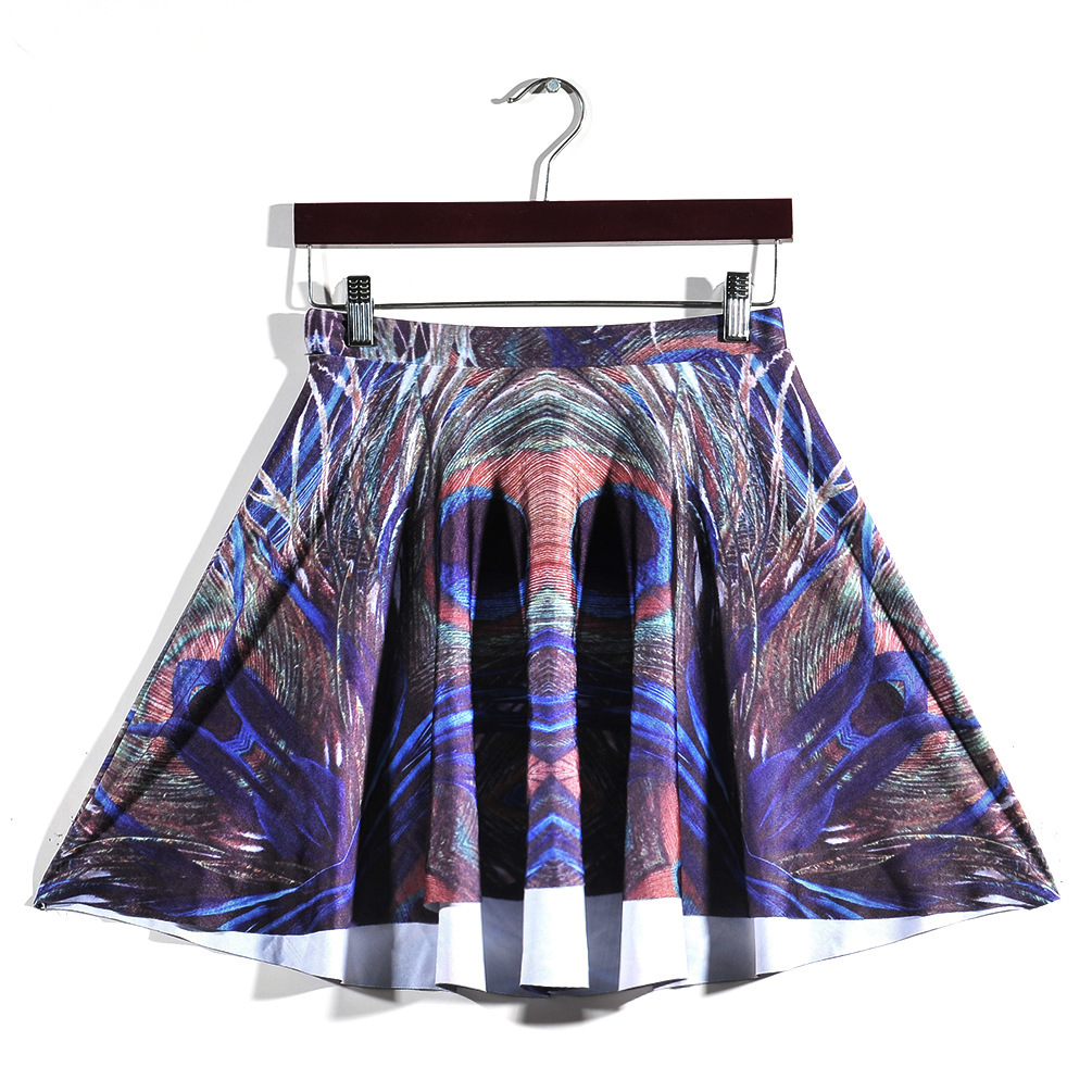 Printed peacock feather pleated skirt
