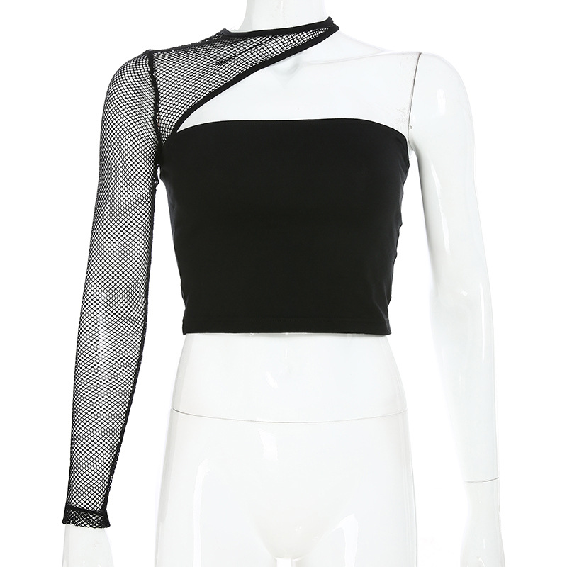 Mesh single shoulder cutout sexy top
