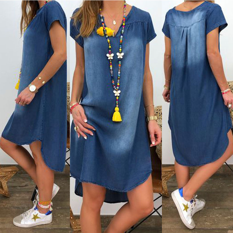 V-neck Pullover Short Sleeve Denim Dress