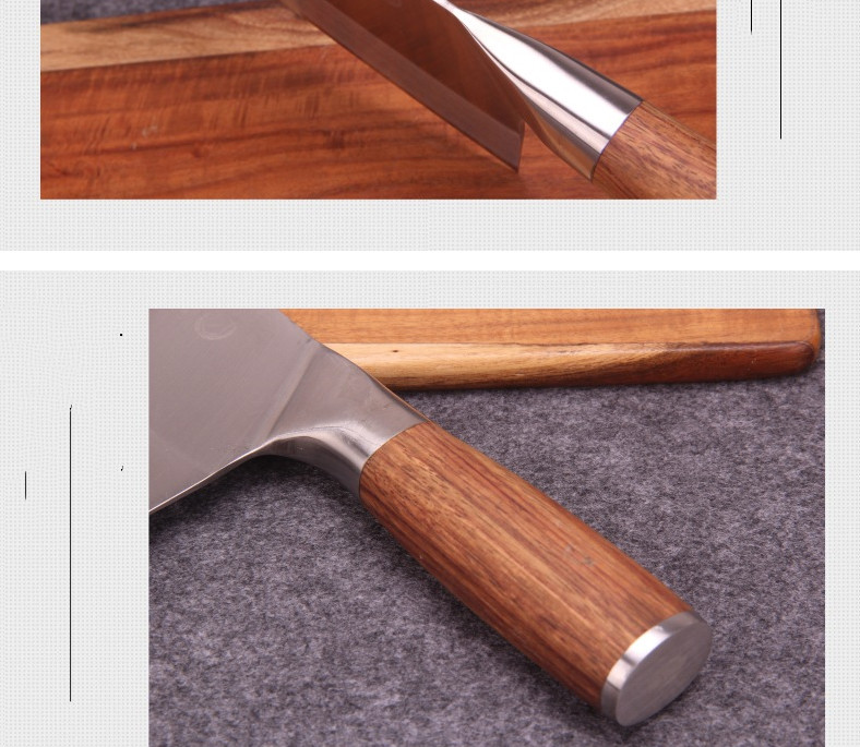 Кухонный нож из нержавеющей стали с желтой деревянной ручкой.