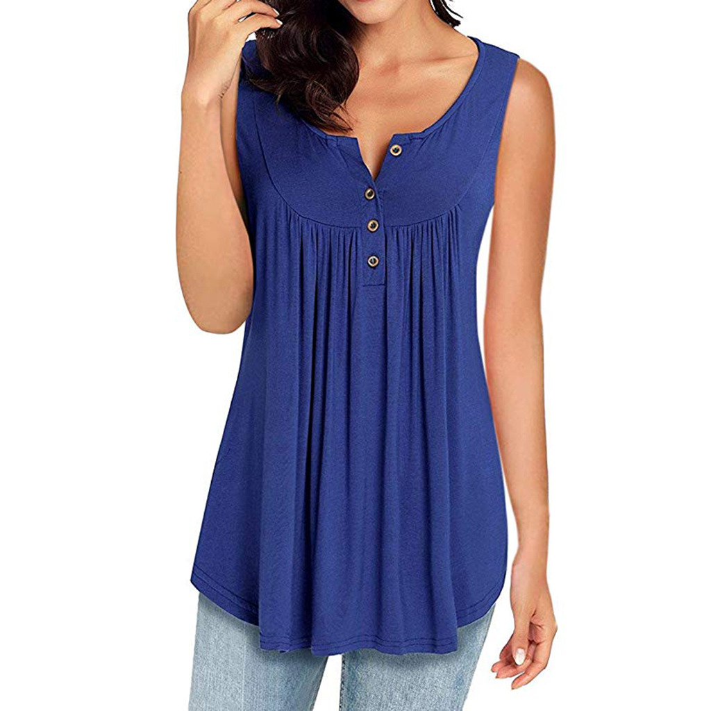 European and American pleated 4-button loose sleeveless T-shirt