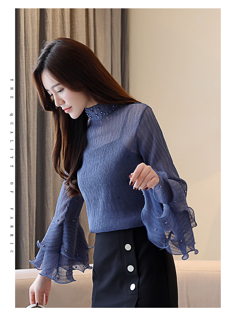 Stand collar beaded chiffon shirt