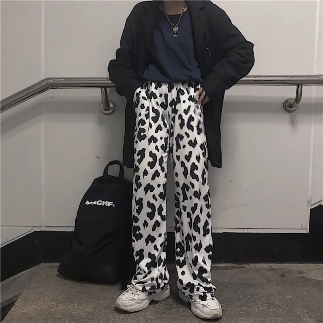 Cow elastic waist casual pants wide leg pants Black - Shop at LoveMi
