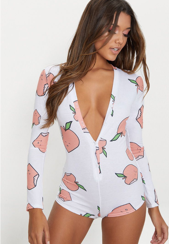 Printed long-sleeved pajamas deep V nightclub tight sexy jumpsuit