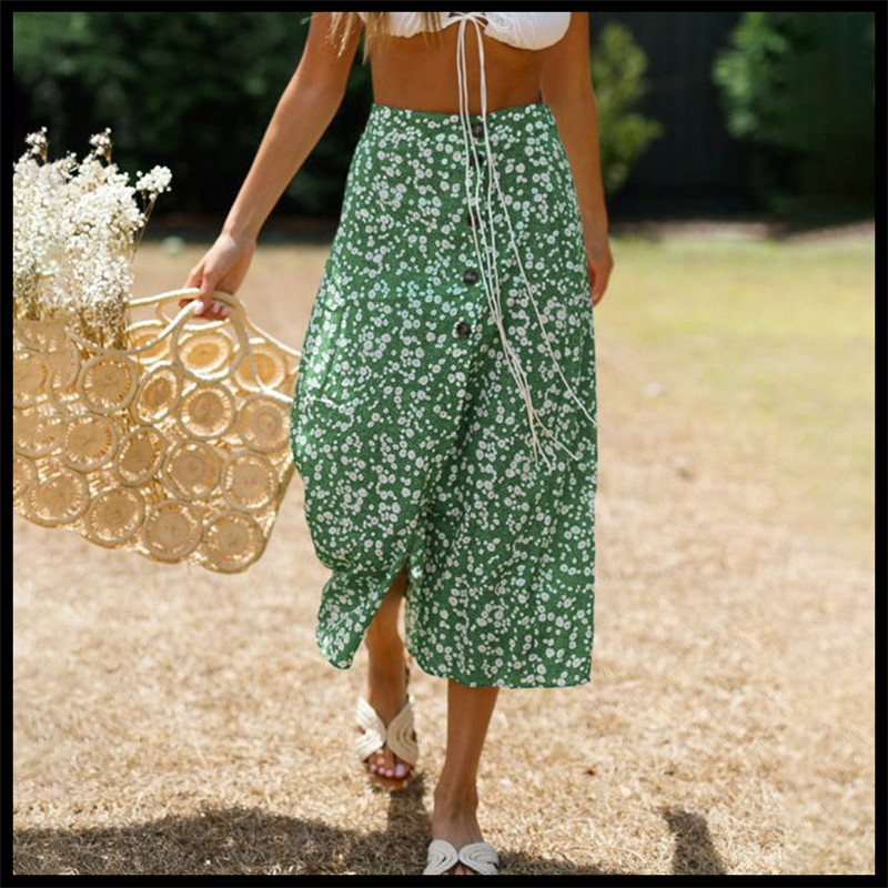 Holiday idyllic printed button mid-length skirt slim