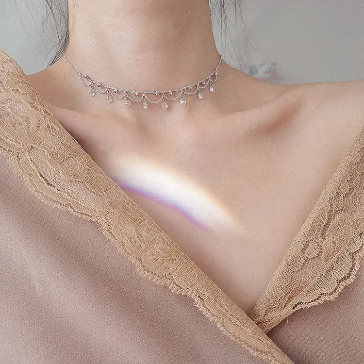 S925 Sterling Silver Inlaid Crystal Light Ball Clavicle Chain