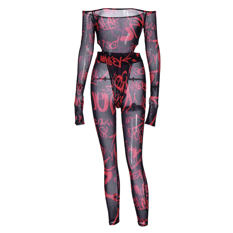 Mesh Yarn Shoulder Bodysuit Pants