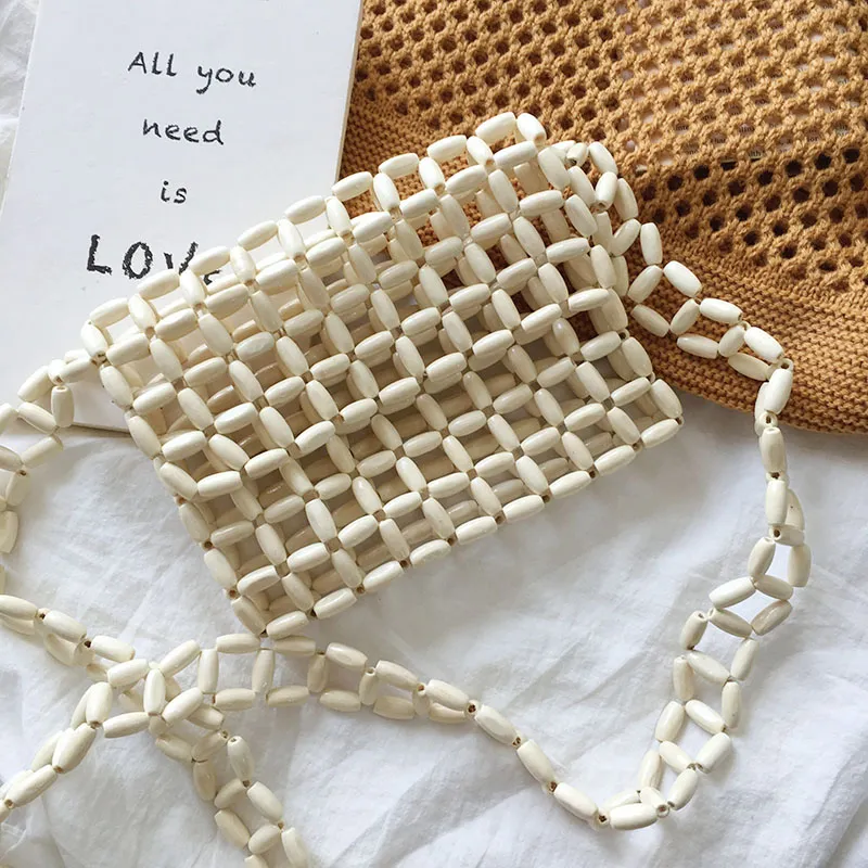 Vintage wooden bead bag - Beige