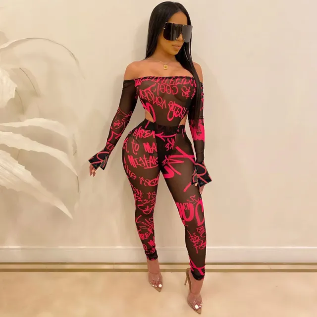 Mesh Yarn Shoulder Bodysuit Pants Red - Shop at LoveMi