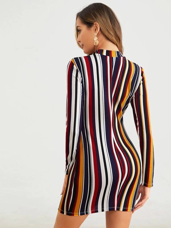 Early spring new striped printed slim midi dress