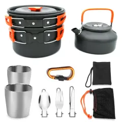 Outdoor Camping Cookware Travel Tableware Cutlery Utensils Hiking Picnic Camping Cookware Set - Orange - View 1