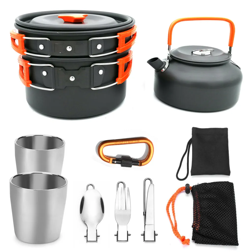 Outdoor Camping Cookware Travel Tableware Cutlery Utensils Hiking Picnic Camping Cookware Set - Orange