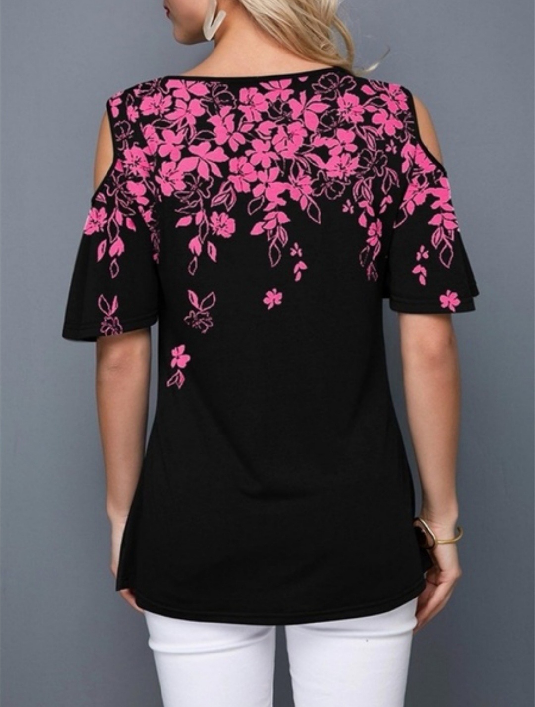 Off-the-shoulder printed crew neck casual T-shirt