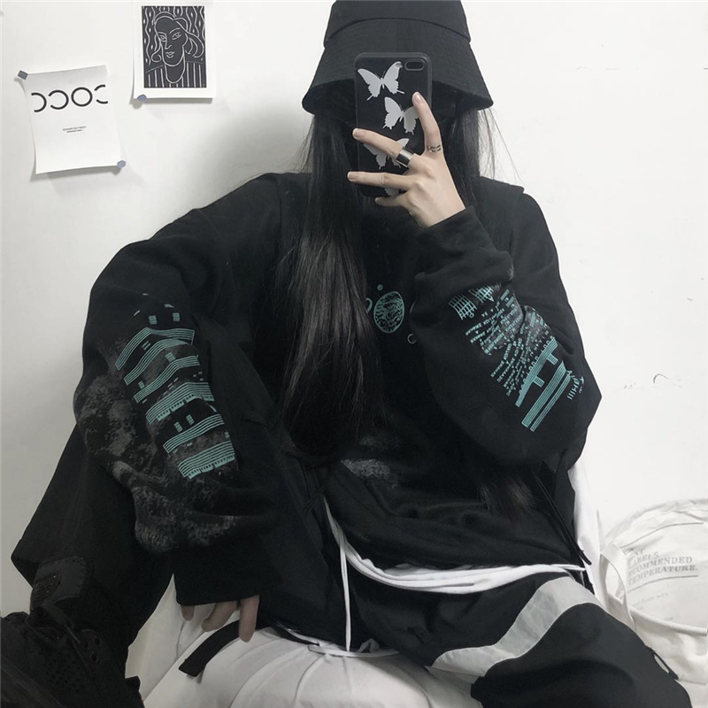 Hoodie dark mourning planet print loose plus velvet
